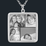 Family Photo Collage Silverpläterat Halsband<br><div class="desc">Fin personlig halsband med 4 av anpassningsbarnas foton ordnade i ett fyrkantigt rutnätsfoto. Lägg till dina favoritfoton i familjen och skapa en vacker karosseriteckning. Klicka på Anpassa om du vill flytta foton runt, lägga till text och anpassa typsnitt och färg. Underbar gåva till familj, vänner, föräldrar och mor- och farföräldrar!...</div>