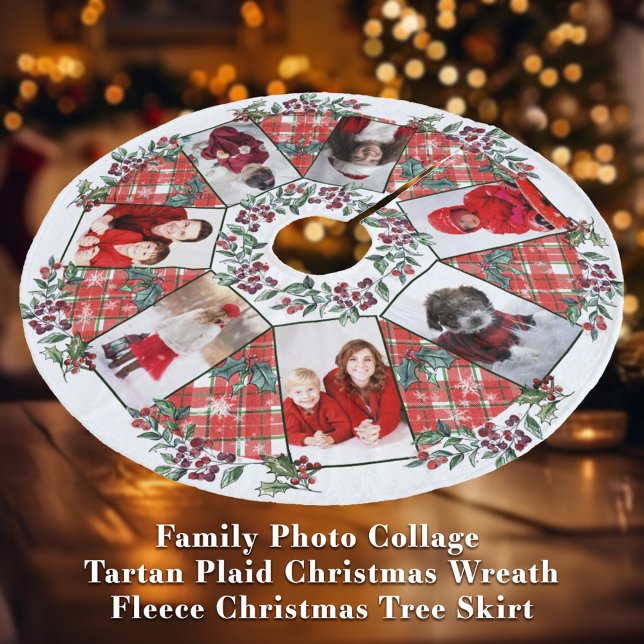 Family Photo Collage (ung. Fotokollage), julkrans  Julgransmatta Fleece (Family Photo Collage 
Red, Green + White Tartan Plaid Christmas Wreath
Fleece Christmas Tree Skirt)