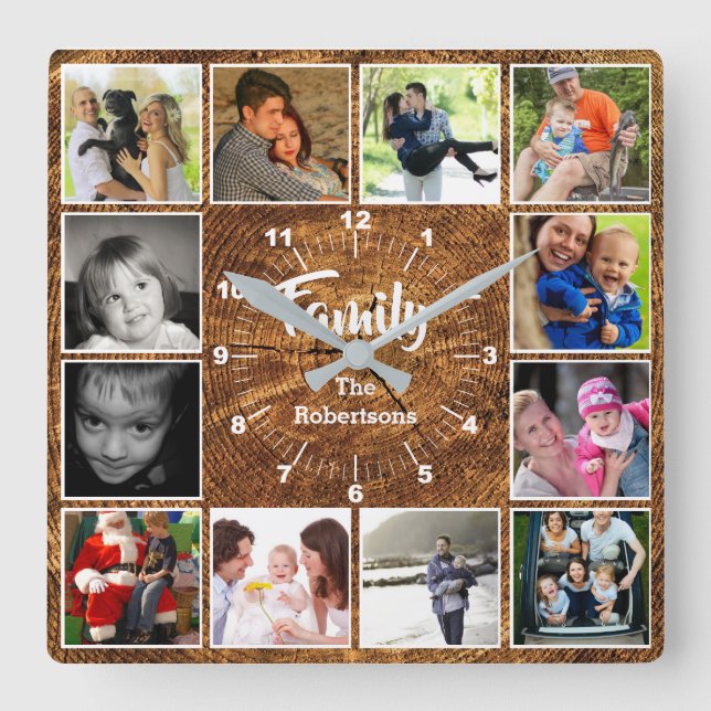 Family Photo Collage Wall Clock - Träd Ringar Fyrkantig Klocka (Framsida)