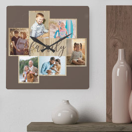 Family Photo Collage Wood Grain Gräns Brown Fyrkantig Klocka
