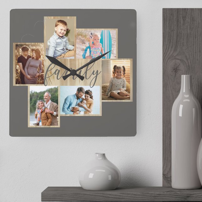 Family Photo Collage Wood Grain Gräns Warm Grått Fyrkantig Klocka (Family photo collage holding 6 of your family pictures)