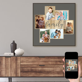 Family Photo Collage Wood look Ram Warm Grått Poster