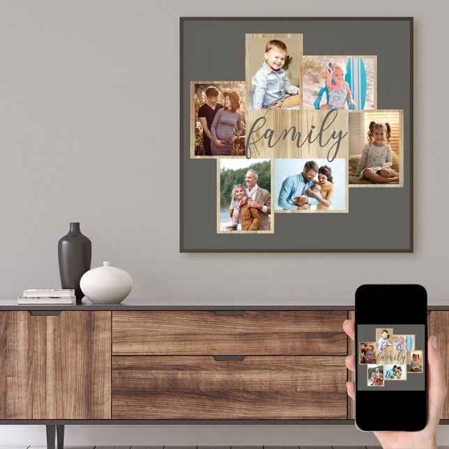 Family Photo Collage Wood look Ram Warm Grått Poster (Skapare uppladdad)