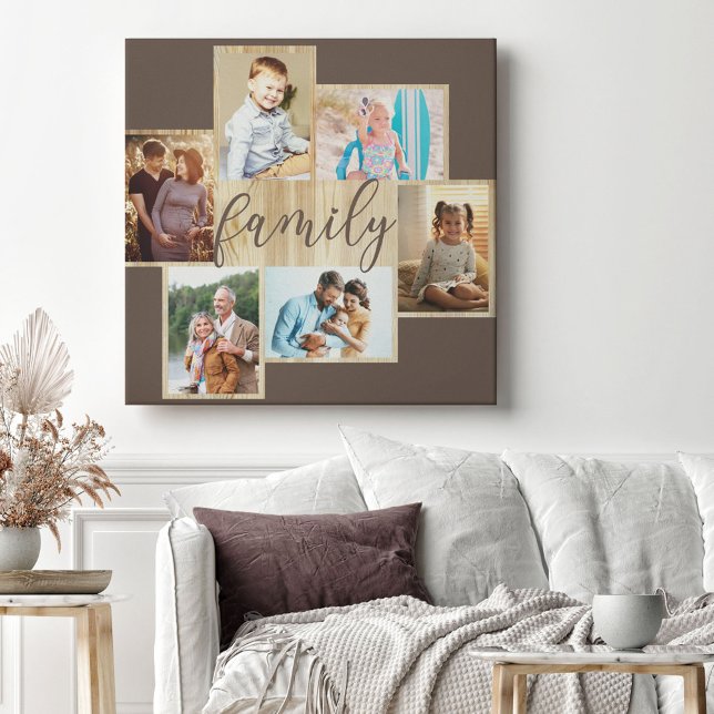 Family Photo Collage Woodgrain Ram Brown Canvas (Skapare uppladdad)