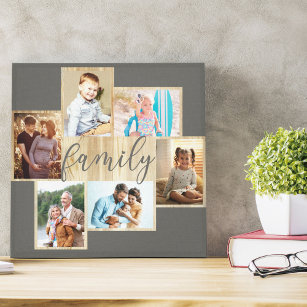 Family Photo Collage Woodgrain Ram Warm Grått Canvastryck
