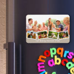 Family Photo Collage Zigzag Photo Strip Beige Magnet<br><div class="desc">Skapa en egen fotokollage för den här flexibla magneten med några av dina favoritfoton i familjen. Mallen är konfigurerad så att du kan lägga till fem anpassningsbar och lägga till fem bilder. Exempeltexten lyder "Vår familjeåterförening 20xx" som du naturligtvis kan redigera eller ta bort som du vill. Huvudfotot används som...</div>