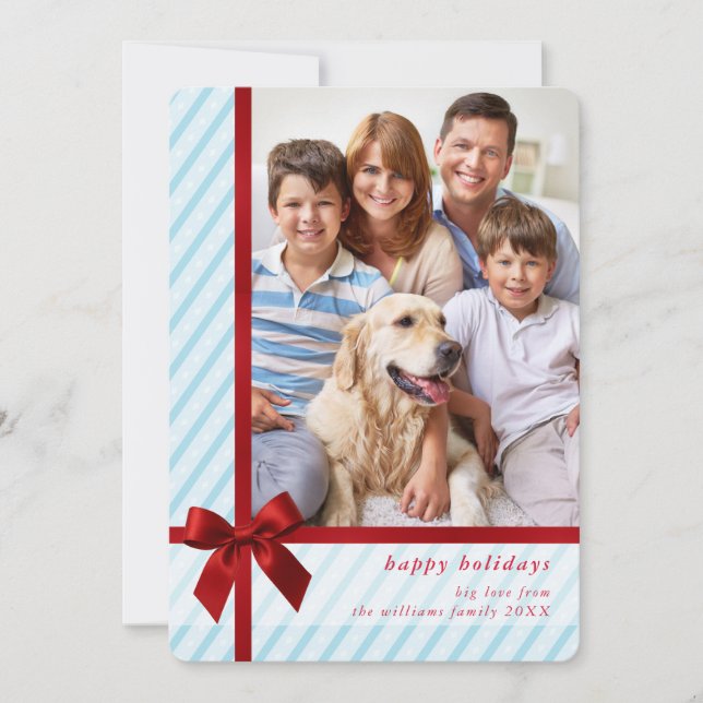 FAMILY PHOTO cute wrapped up red ribbon bow blue Julkort (Framsida)