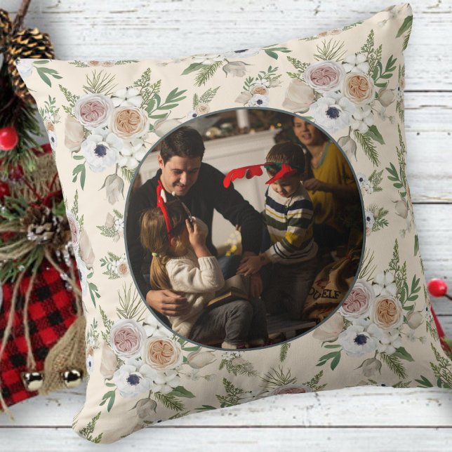 Family Photo Elegant Watercolor Blommigt jul Kudde (Skapare uppladdad)