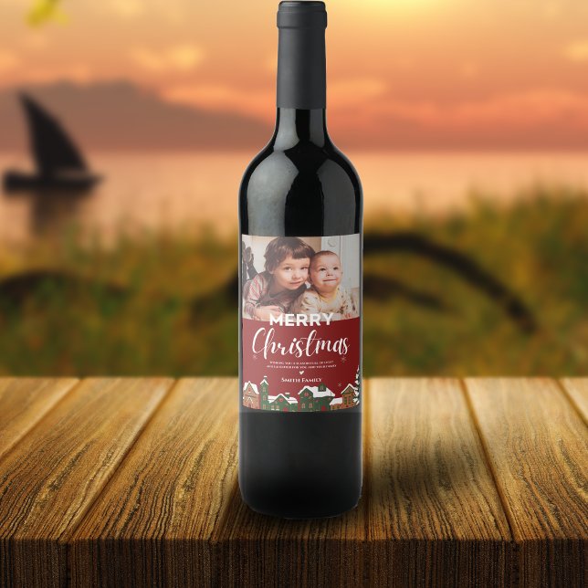 Family Photo Festive Red Helgdag God jul Vinflaska Etikett (Family Photo Festive Red Holiday Merry Christmas Wine Bottle Label
)