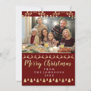Family Photo God jul Golden Script Burgund Julkort