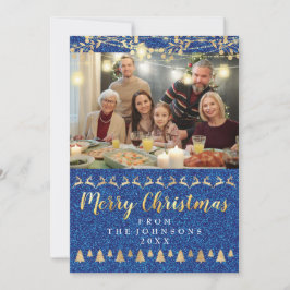 Family Photo God jul Guld Blue Glitter Julkort