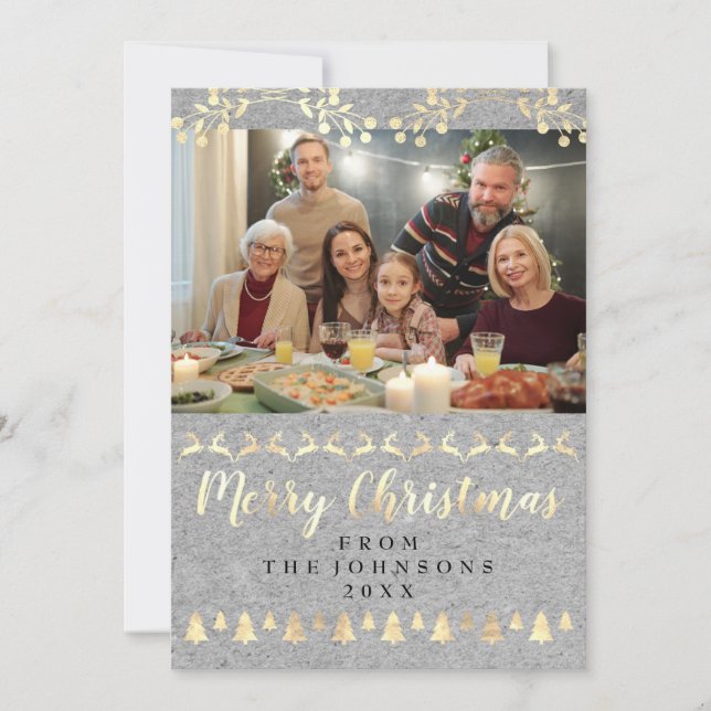 Family Photo God jul Guld Kraft Grått Julkort (Framsida)