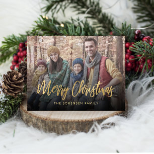 Family Photo God jul Guld Script Beige Hol Helg Vykort