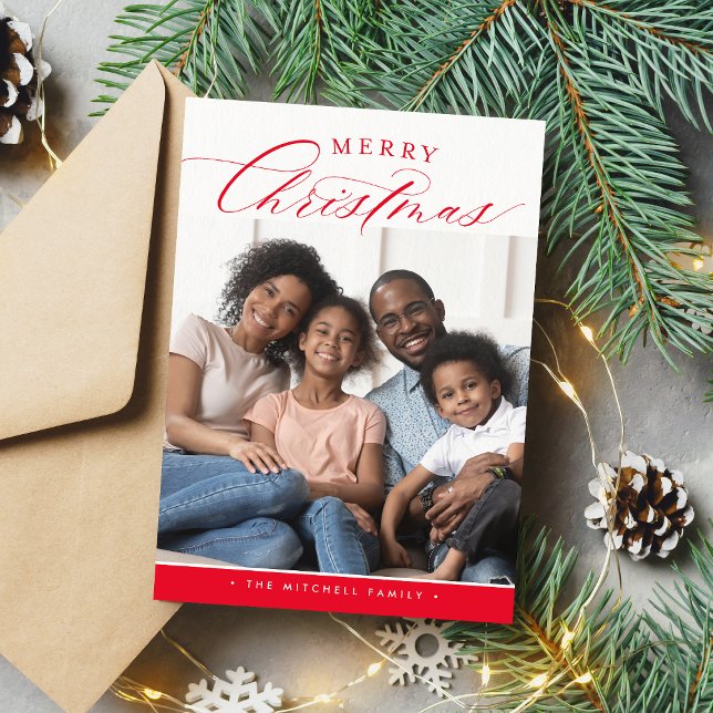 FAMILY PHOTO God jul söt calligraphy red Julkort (Skapare uppladdad)