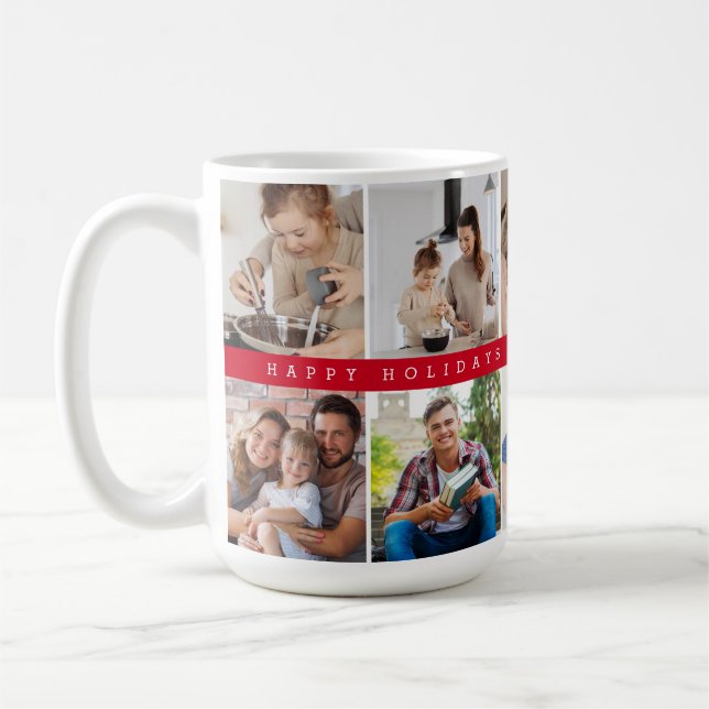 Family Photo Grid Red Happy Holidays band Custom Kaffemugg (Vänster)