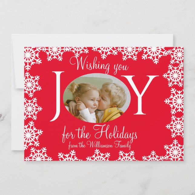 Family Photo jul Card Red White Snöflingor V Kort (Framsida)