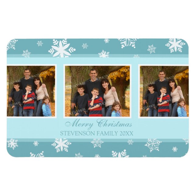 Family Photo jul Magnet Teal White Snö (Horisontell)