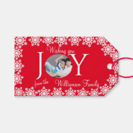 Family Photo jul Red White Snowflake H Presentetikett