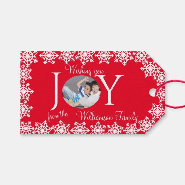 Family Photo jul Red White Snowflake H Presentetikett (Framsidan (Horisontell))