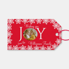 Family Photo jul Red White Snowflake V Presentetikett