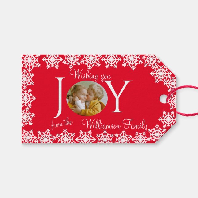 Family Photo jul Red White Snowflake V Presentetikett (Framsidan (Horisontell))