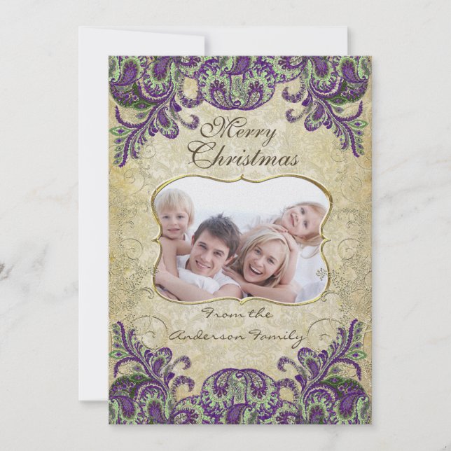 Family Photo Lila & Grönt Peacock-julkort Julkort (Framsida)