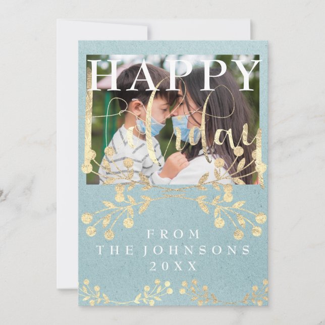 Family Photo Lycklig Helgdag Rustic Blue Kraft Julkort (Framsida)