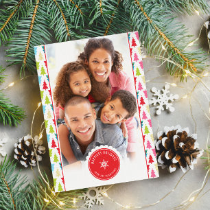 FAMILY PHOTO modern julgran mönster bright Julkort