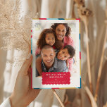 FAMILY PHOTO modern minimum gräns red guld blue Julkort<br><div class="desc">by kat massard >> WWW.SIMPLYSWEETPAPERIE.COM<<< An elegant card design featuring quote that you can change yourself! White geometric border on the backside, giving you the opportunity to handwrite a personal message or place a full portrait photo. NOTE >> Kontakta mig kat@simplysweetpaperie.com om du behöver hjälp med att ändra storlek på...</div>