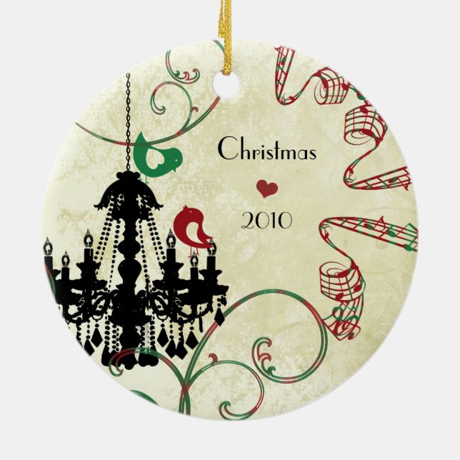 Family Photo Musical Red & Grönt Birds Chandelier Julgransprydnad Keramik (Baksidan)