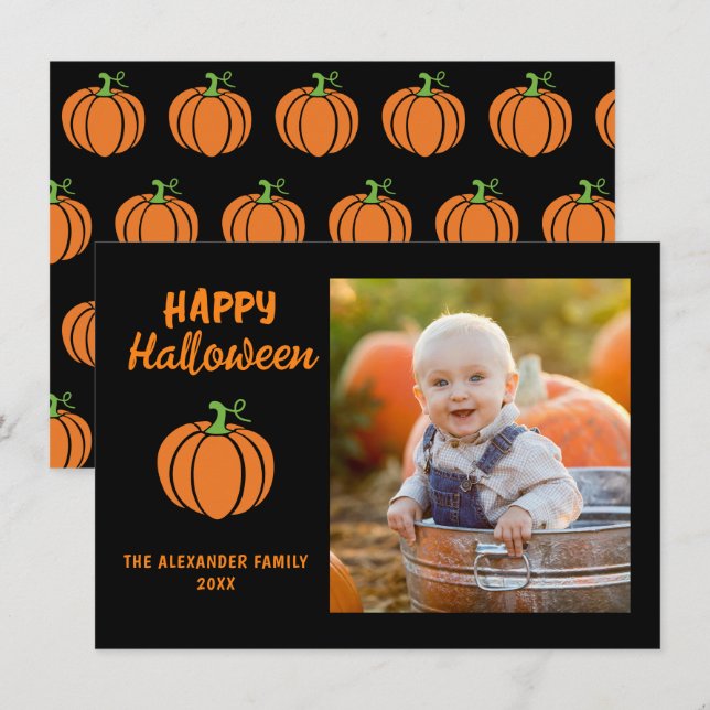 Family Photo Orange Pumpkin Black Happy halloween Anteckningskort (Fram/baksida)