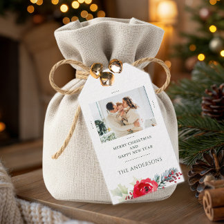 Family Photo Personalized Floral Christmas Presentetikett