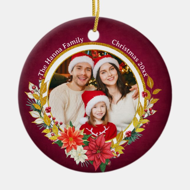 Family Photo & Poinsettia Merry Christmas Gift Julgransprydnad Keramik (Framsidan)