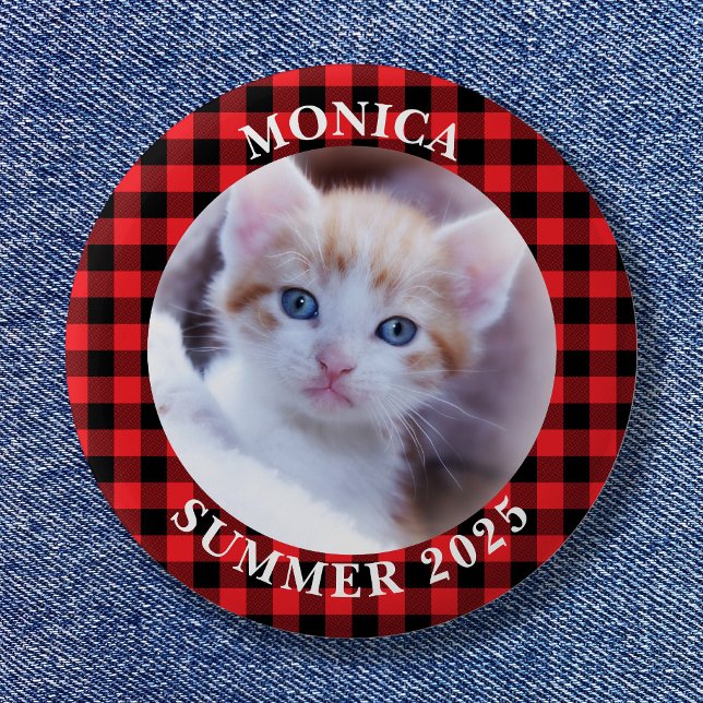 Family Photo Red Black Buffalo Play Gräns Knapp (Family Photo Red Black Buffalo Plaid Border Button)