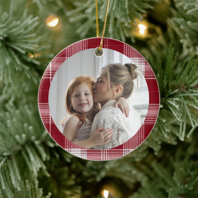 Family Photo Red Plaid Christmas Ornament (Träd)