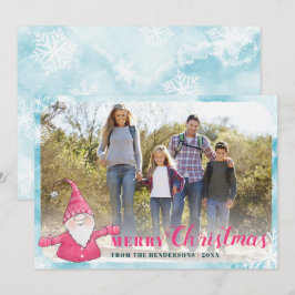 Family Photo Teal Blue Rosa Cute Gnome jul Julkort