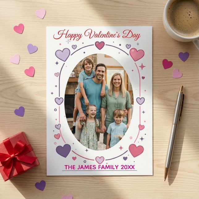Family Photo Valentine's | Modern Pink & Purple  Helgkort (Skapare uppladdad)