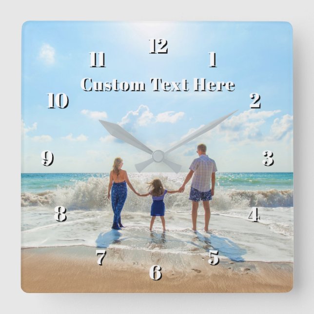 Family Photo Wall Clock Personalized Text Fyrkantig Klocka (Framsida)