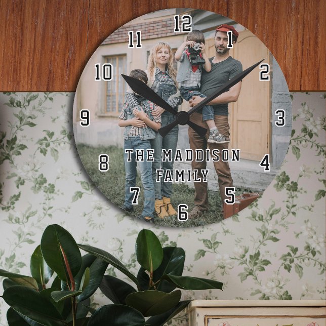 Family Photo with Modern Bold Typography  Rund Klocka (Skapare uppladdad)