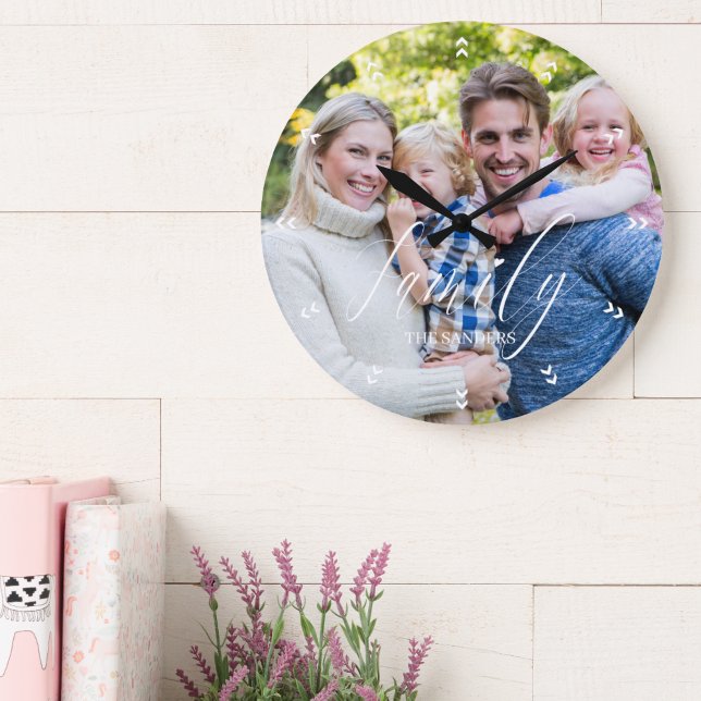 Family Photo with Modern Script Typography Stor Klocka (Skapare uppladdad)