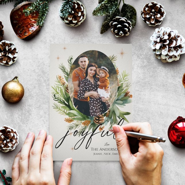 Family Photos Grönt Löv Glatt jul (Multi Family Photos Green Leaves Joyful Christmas Greeting Card)