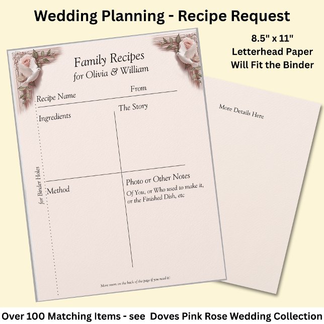 Family Recipe Sheets, Pink Roses & Doves Wedding Brevhuvud (Skapare uppladdad)