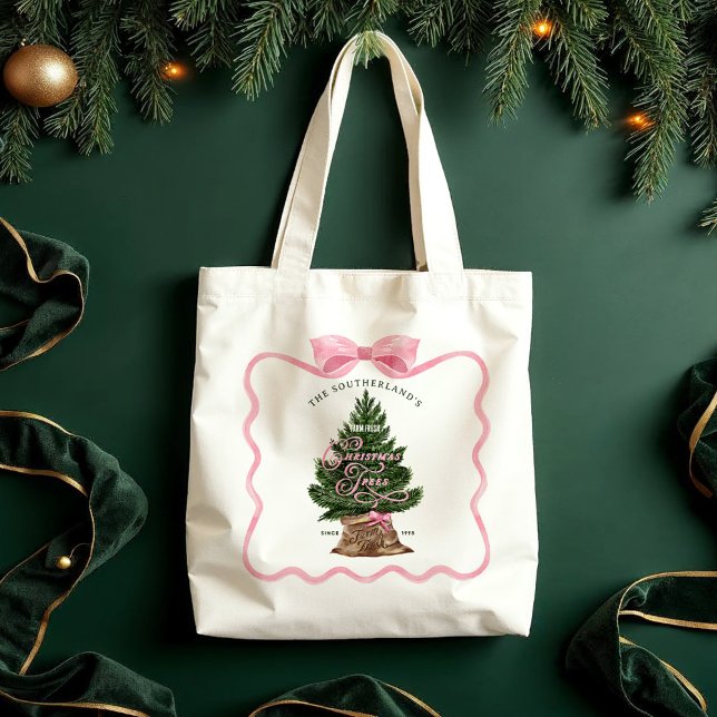 Family Retro Farm Fresh Julgranar Rosa Bow Tygkasse (Family Retro Farm Fresh Christmas Trees Pink Bow Tote Bag)