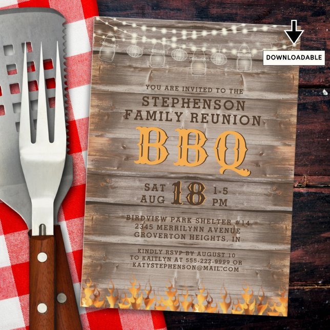 Family Reunion BBQ Rustic Wood String Ljus Inbjudningar (Skapare uppladdad)