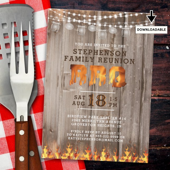 Family Reunion BBQ Rustic Wood String Ljus Inbjudningar (Skapare uppladdad)