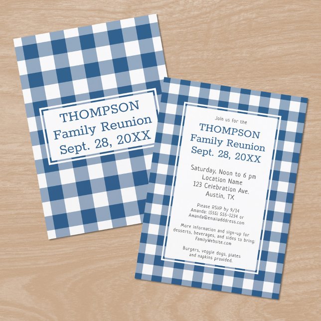 Family Reunion Blue White Buffalo Check Party Inbjudningar (Family Reunion Blue White Buffalo Check Party Invitation, front/back)