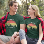 Family Reunion Custom Camping Trip Sunset Forest T Shirt<br><div class="desc">Cool matching family reunion t-shirts for the whole group to wear to a picnic meetup in nature. These custom family tees feature a beautiful vintage sunset over a forest of pretty trees under your personalized text.</div>