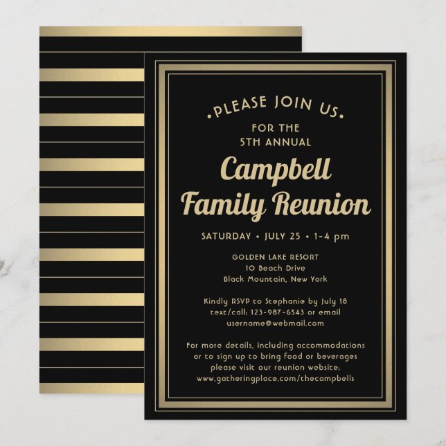 Family Reunion Elegant Black och Guld Borderade Inbjudningar (Fram/baksida)