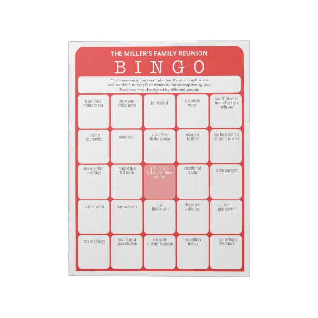 Family Reunion Ice Breaker Bingo Game Anteckningsblock (Roterad)