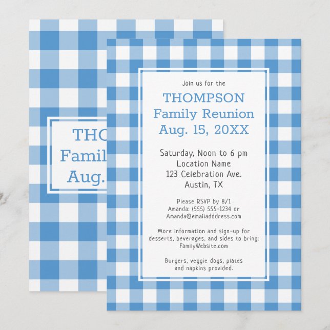 Family Reunion Light Blue Buffalo Check Party Inbjudningar (Fram/baksida)